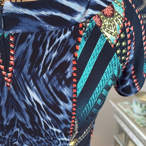 CACHE Designer sexy blue yellow green gold scarf animal print dress cruise XS 0 - Picture 6 of 9